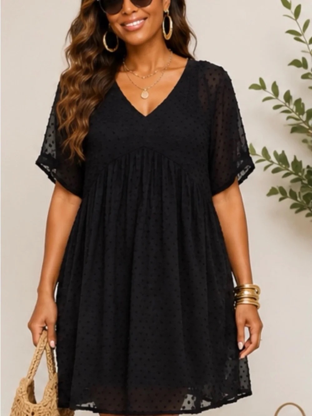 Zenana Dress Swiss Dot Chiffon Shell Fully Lined Dot Babydoll Mini Dress NWOT SM